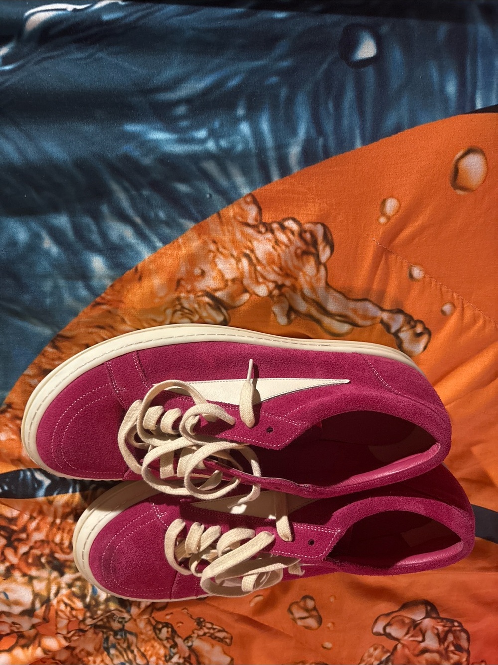 Rick Owens Men’s Low-Top Suede Sneakers in Magenta and Cream